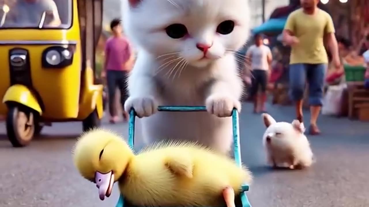 A disabled duckling helps his cat friend 🐥