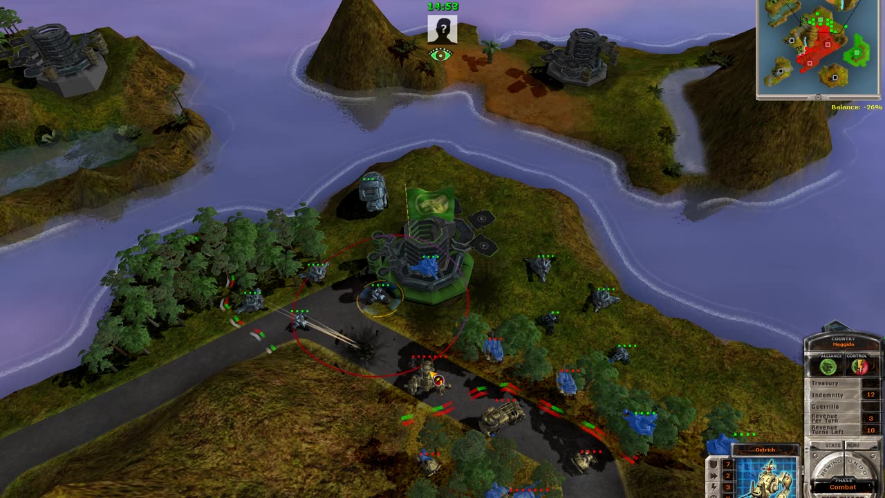 Massive Assault Network 2 (TBS game): map Lions Eye, playing on Linux (Lutris, Wine, Conty): won