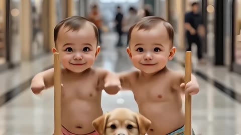 Adorable Twin Babies & Puppy Dance in the Mall 🍼🐶✨