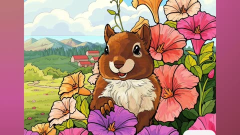Adorable Squirrel Among Colorful Flowers in a Serene Countryside Landscape