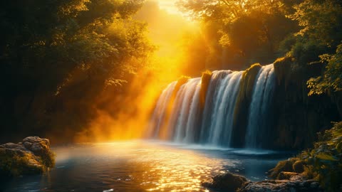 Sunset Waterfall Relaxation 🌅 Nature Sounds with Birds & Crickets for Sleep, Study & Peace