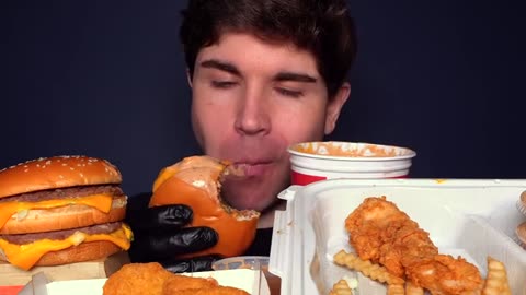 MUKBANG EXTRA CANES SAUCE MCDONALDS BIG MAC BURGERS CHICKEN & FRIES WITH CHEESE_part3
