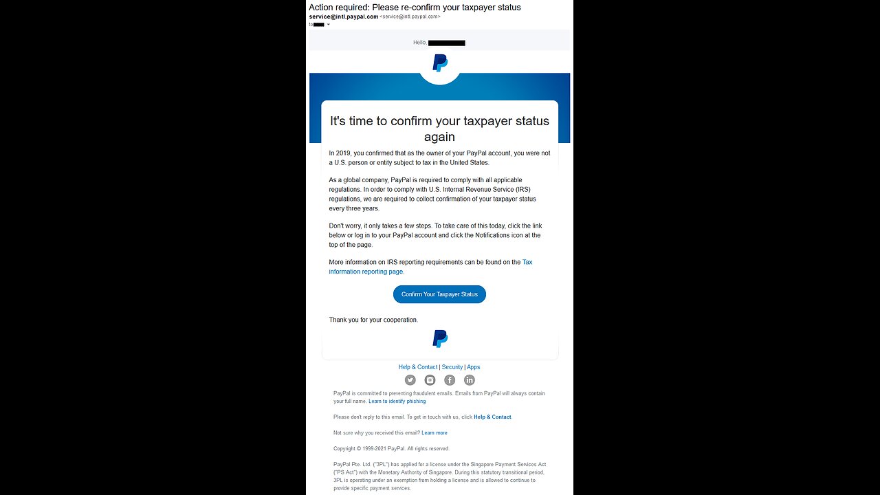 Paypal – Action required: Please re-confirm your taxpayer status