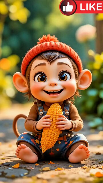 The monkey is happily eating corn, its favorite food. AI generate funny and entertainment cartoon