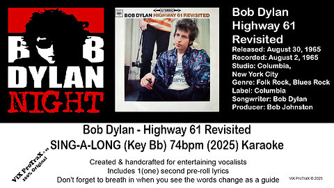 Bob Dylan - Highway 61 Revisited SING-A-LONG (Key Bb) 74bpm (2025) Karaoke