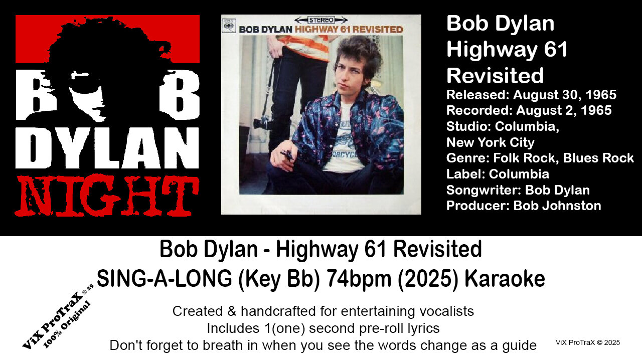 Bob Dylan - Highway 61 Revisited SING-A-LONG (Key Bb) 74bpm (2025) Karaoke