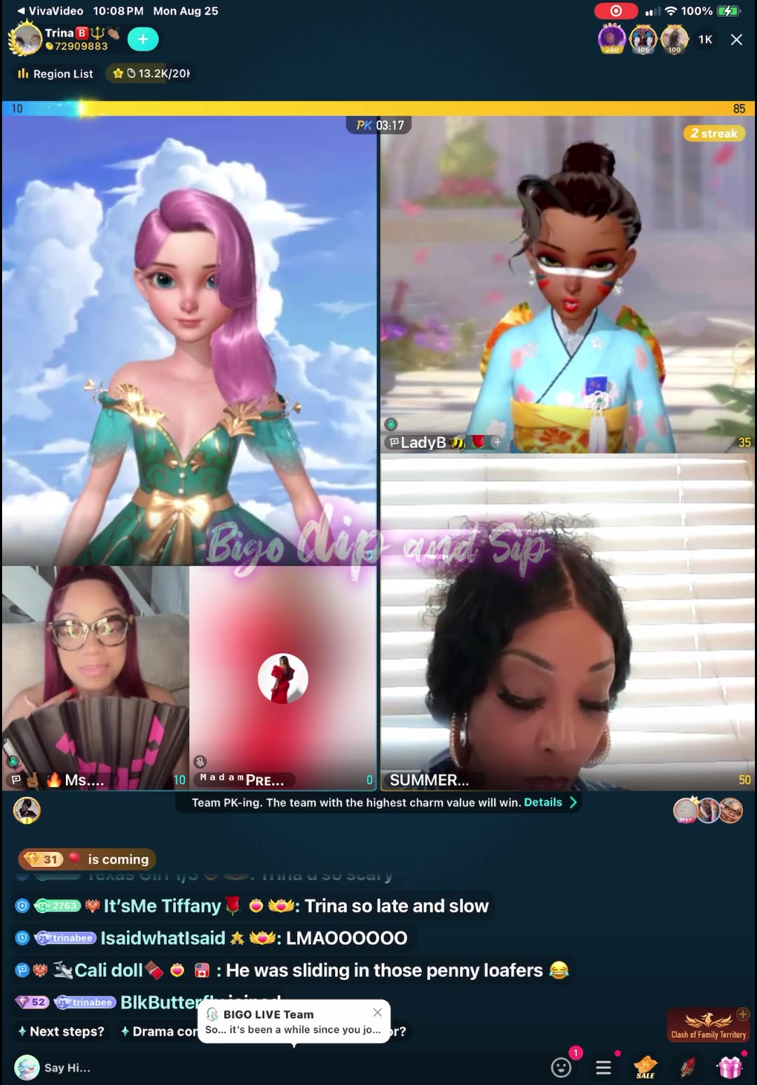 Team PK TrinaB MsDiverse MrD SummerRaine-Lo says shell have ppl get Tomi 8/25/25 #bigoclipandsip