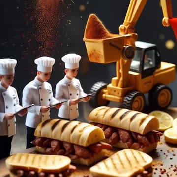 a group of miniature chefs working around a sandwich