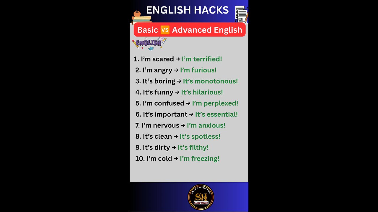 Basic 🆚 Advance daily use vocabulary you must know #studyhacks123 #vocabulary #english #shorts