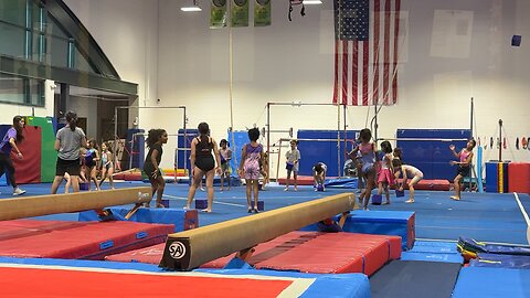 Gymnastics Camp musical chairs blocks homeschool girl Zharee competes