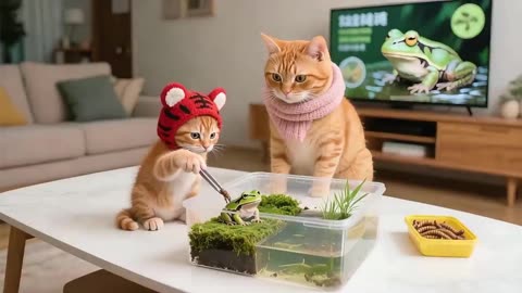 Tiger-Hat Kitten Baths with а Bow-Tie Frog