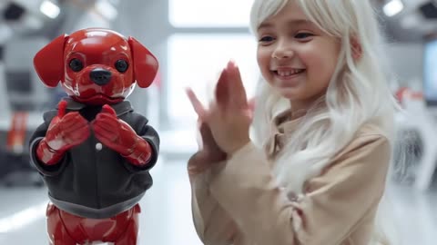 A girl and a robot dog are dancing together!