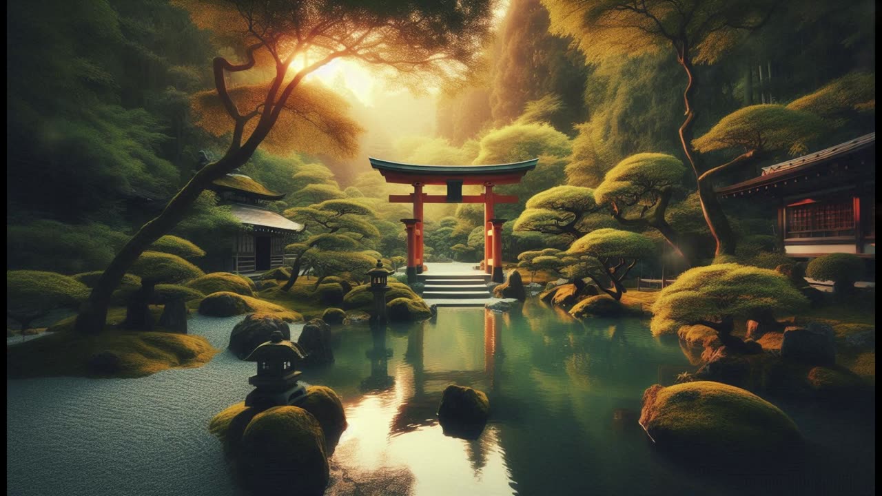 Serene Japanese Shrine Ambience | Flowing Water & Torii Gate | Relaxing Music for Deep Sleep & Study