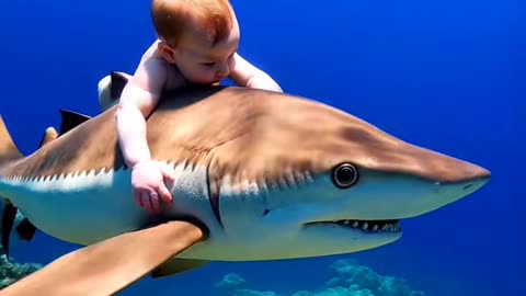 Cute baby swimming with a shark