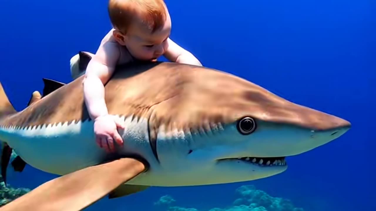 Cute baby swimming with a shark
