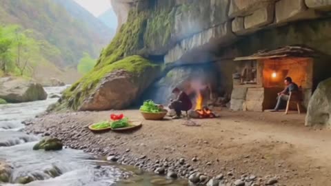 Mountain Cave with Flowing Stream.