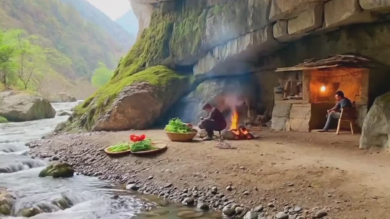 Mountain Cave with Flowing Stream.