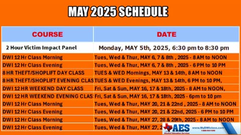 WEEKEND DWI CLASSES & FULL MAY SCHEDULE