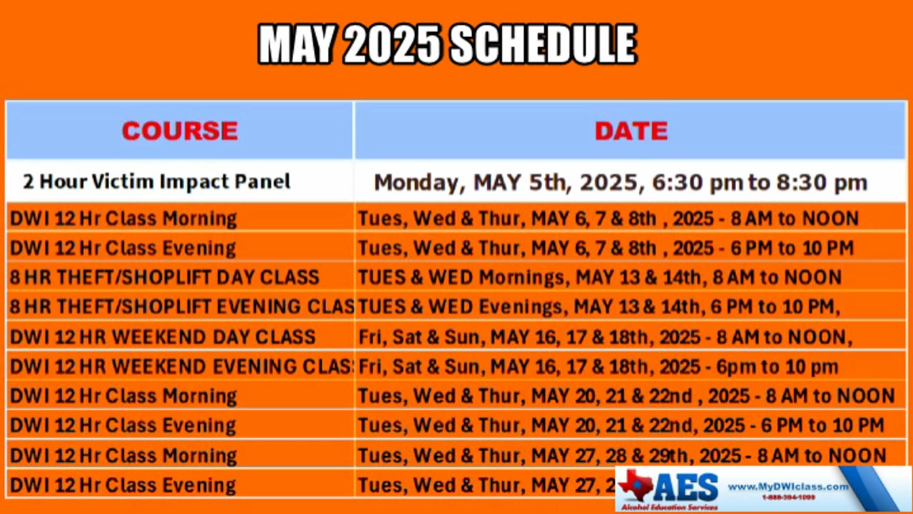 WEEKEND DWI CLASSES & FULL MAY SCHEDULE