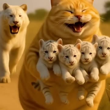 Ai animated orange cat funny cartoon video 😹💥 White tiger Cubs Taken by a Fat Cat!?