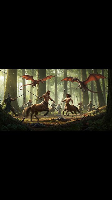 Epic Fantasy Battle: Centaurs vs Dragons in Ancient Forest