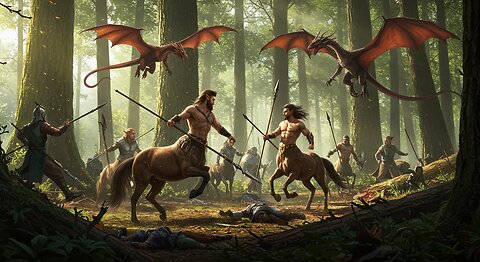 Epic Fantasy Battle: Centaurs vs Dragons in Ancient Forest
