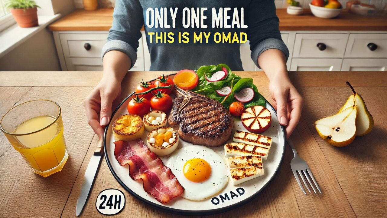 📍 One Meal a Day (OMAD) | Ribeye, Bacon, Halloumi, Eggs & Pear | What I Eat in a Day