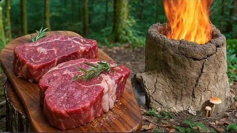 Primitive Steak Cooking in a Clay Oven Built from Mud and Sticks