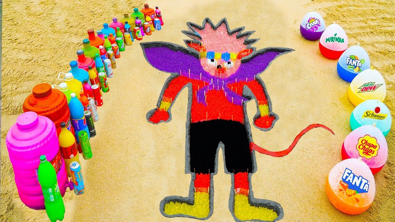 How to make Rainbow Beelzebub in Sand Land with Orbeez, Balloons of Fanta, Coca Cola, Mentos & Sodas
