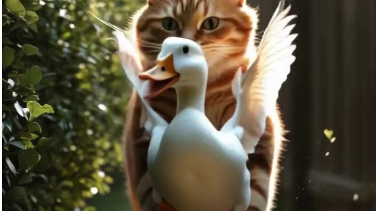 Cat catch duck and make a duck meat BBQ and eat with his friend