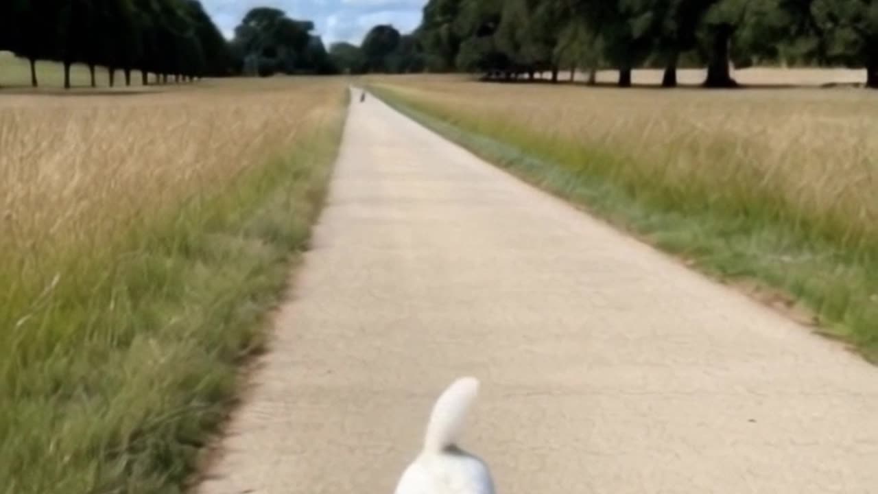 A Bichon Frise puppy happily walking along a wide path