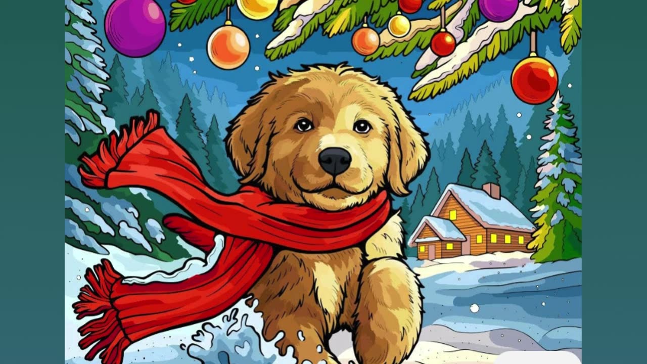 Golden Retriever Puppy in Snowy Christmas Scene with Decorations and Cozy Cabin