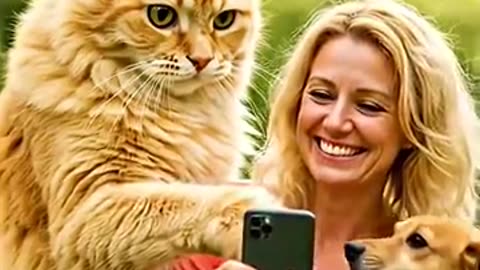cute cat, dog using phone with lady 🐈🐕