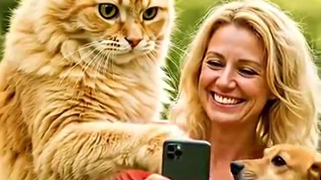cute cat, dog using phone with lady 🐈🐕
