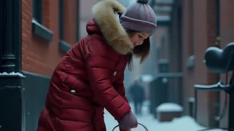 Warm Hearts in the Cold: Girl Feeds Street Cats on a Snowy Night