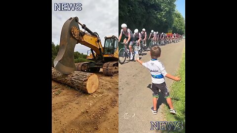 The child gives water to the cycle wrestler; nearby, a machine cuts trees.