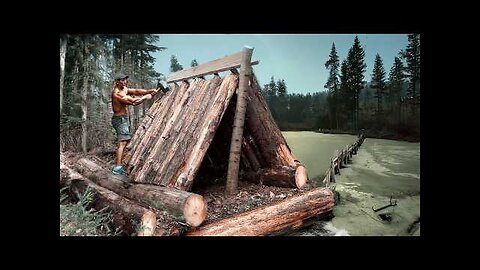 Survival Log Cabin by the Lake – Solo Build, Ice Fishing & Wild Cooking