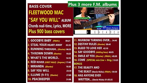 Bass cover FLEETWOOD MAC Album: SAY YOU WILL _ +900 bass covers LINKS _ Chords real-time Lyrics MORE