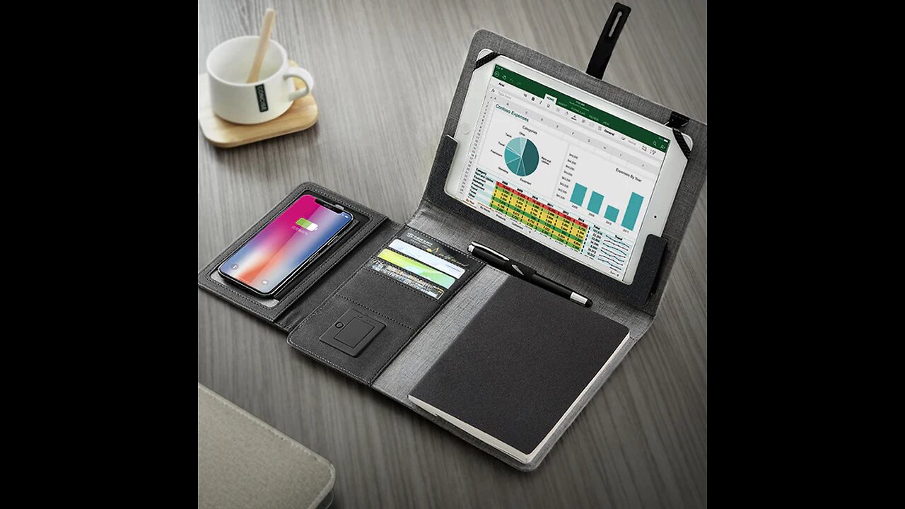 Document Folder with 5000mAh Wireless_Wired Charger, Stand Rack for iPhone & iPad