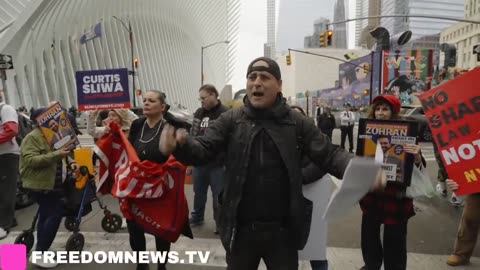 Anti Zohran Mamdani protesters outside 9/11 memorial