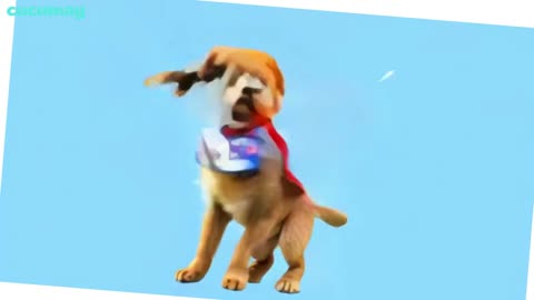 A cute golden retriever puppy spinning and transforming into a superhero dog with a cape and mask