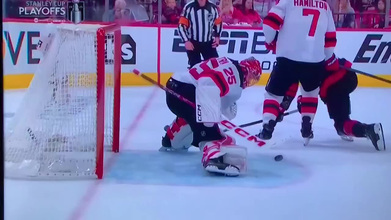 Devils G #25 Jacob Markstrom w/BIG LEG SAVE late in the 3rd period