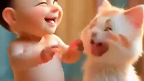 Funny surprise by baby to kitten