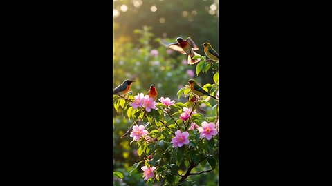 enjoy birds flying over with flowers blooming