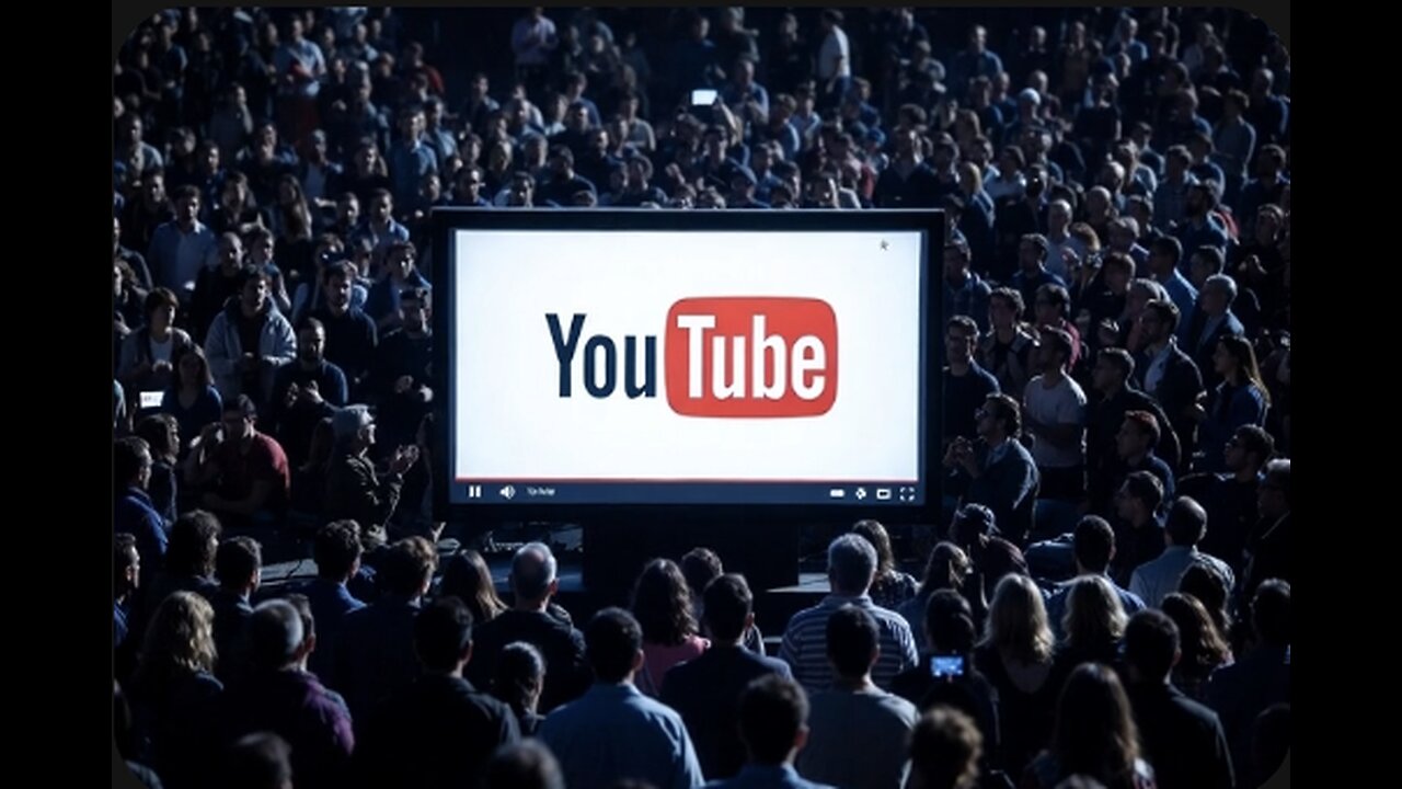 A vast crowd watches a large screen displaying a YouTube video interface in a dimly lit setting.