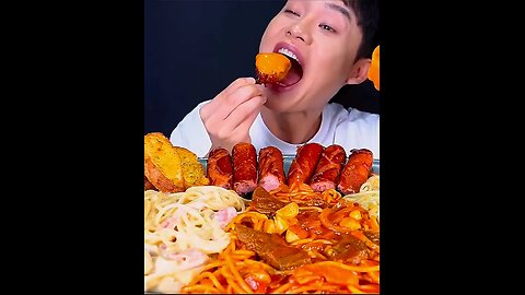 Basil cream, tomato cream and Carbonara pasta, sausage, chicken thighs, garlic bread, fried chicken