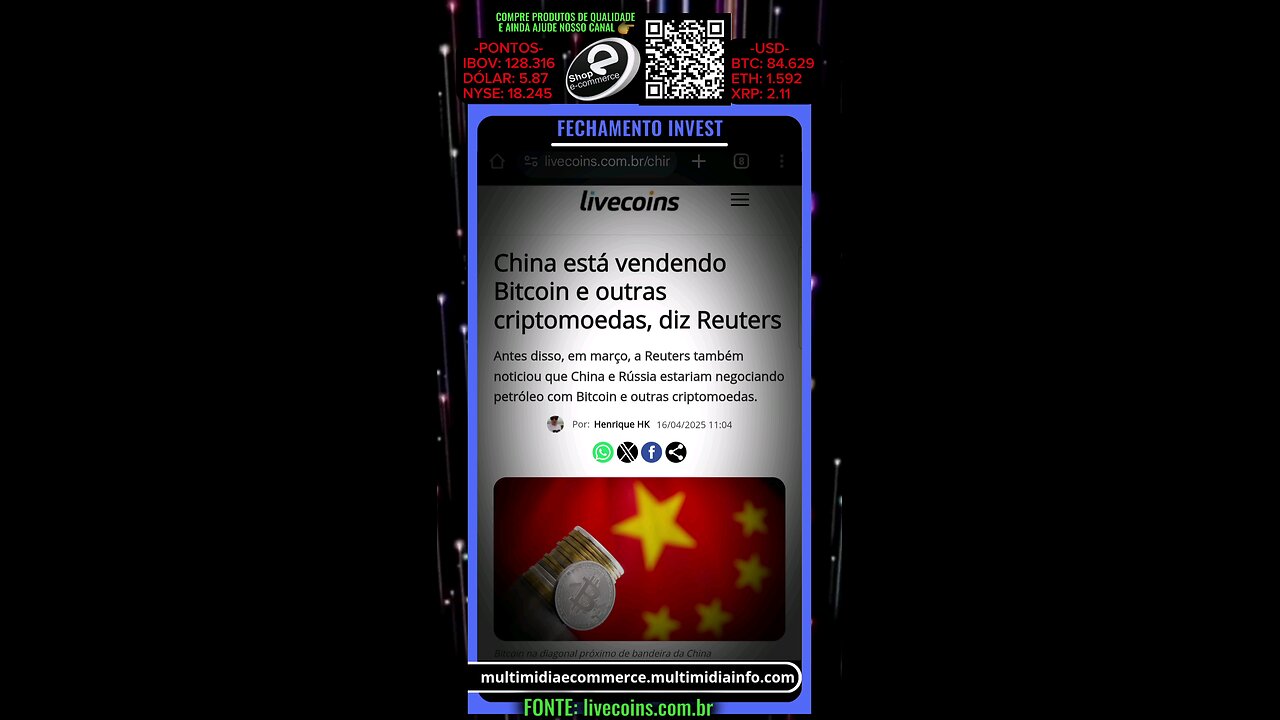China está vendendo Bitcoin e outras criptomoedas, diz Reuters.