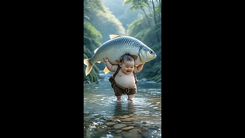 Cute baby with Big fish