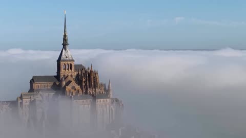 Drone views of a cloudy day in Mont Saint-Michel