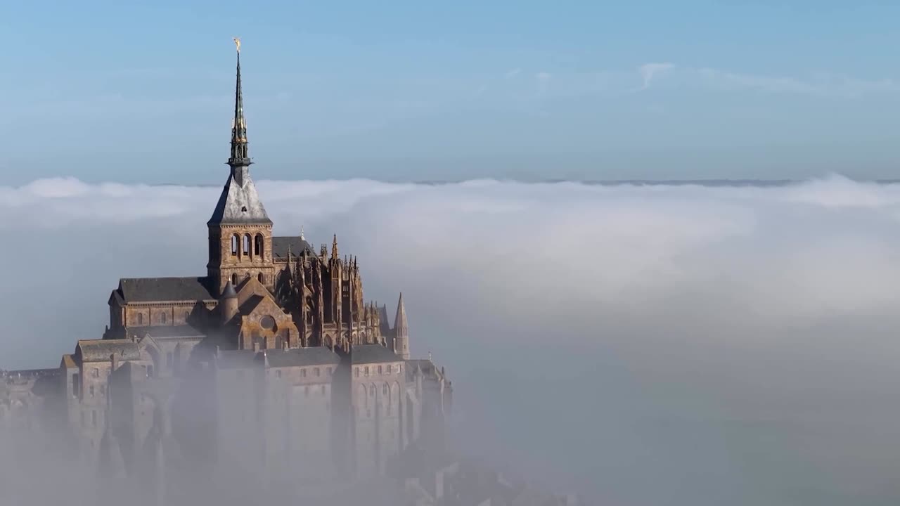 Drone views of a cloudy day in Mont Saint-Michel